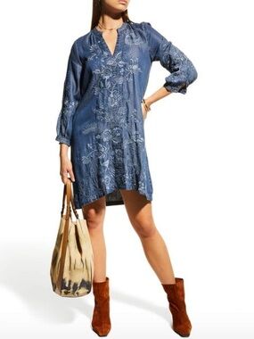 Johnny Was Workshop Kairi Embroidered Bishop Sleeve Chambray Dress Size S